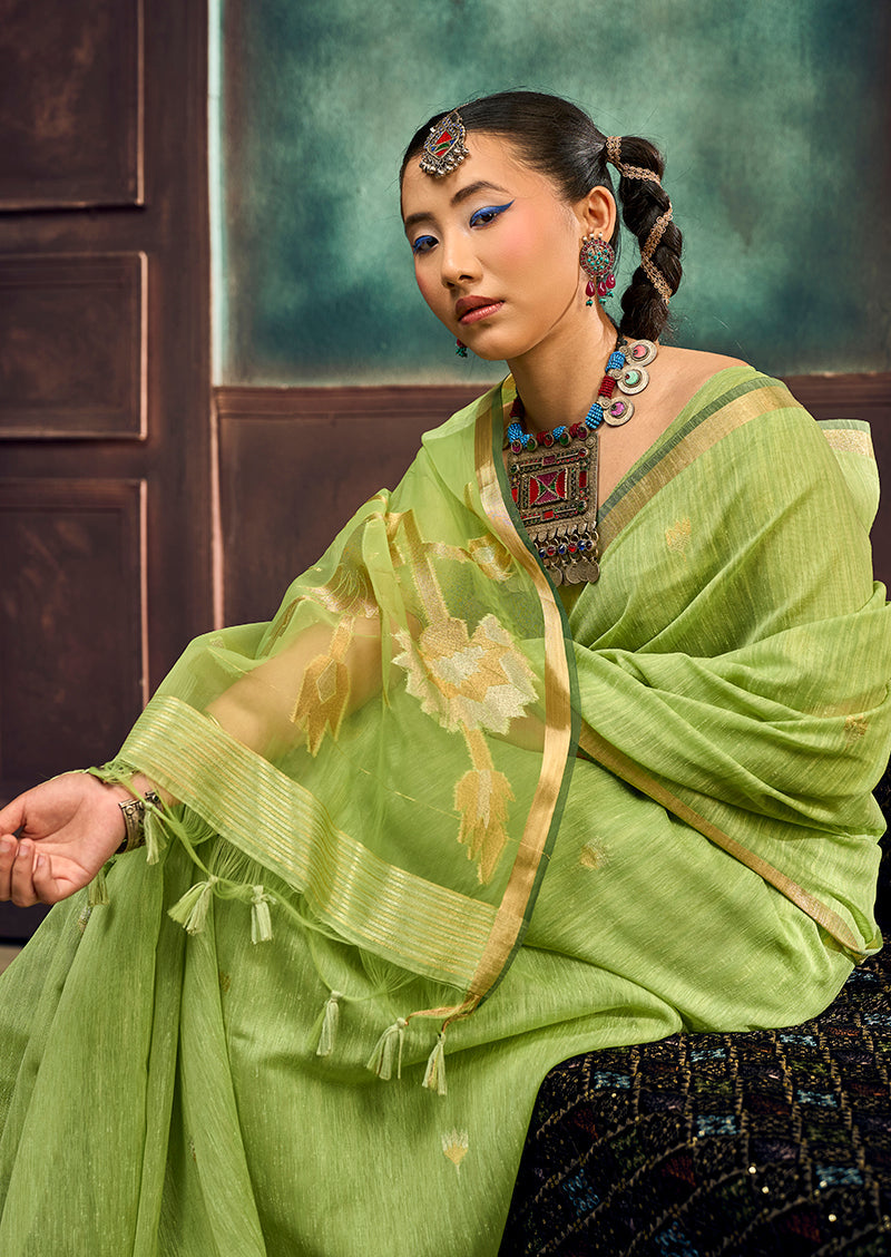 Monjolika Fashion Light Green Linen Silk Blend Saree with Gold Zari Border & Floral Pallu | Grocsy