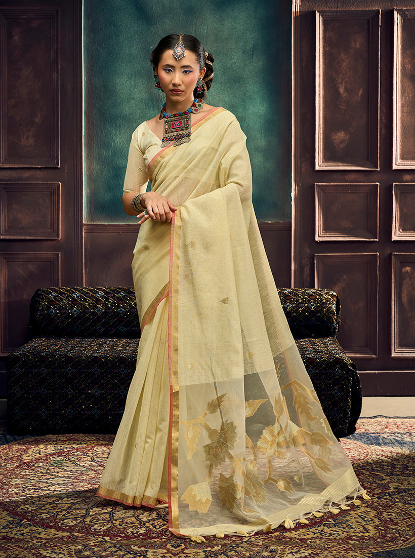 Monjolika Fashion Cream Linen Silk Blend Saree with Gold Zari Border & Floral Pallu | Grocsy