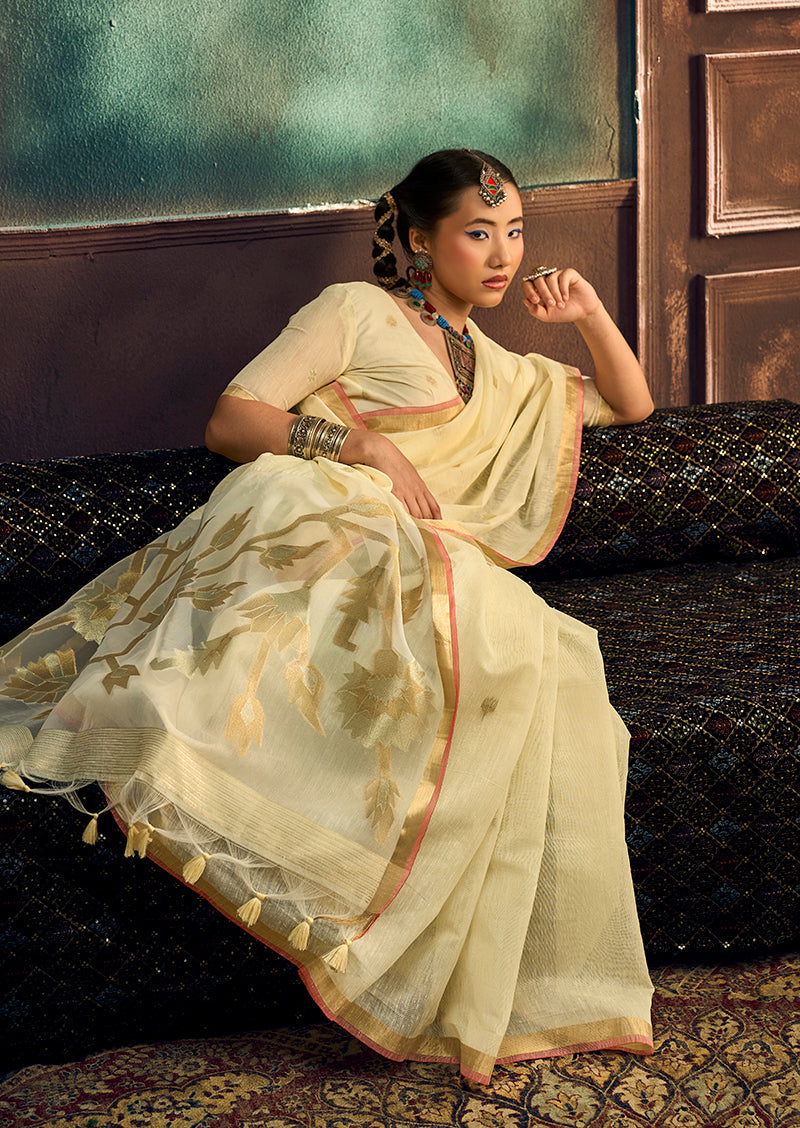 Monjolika Fashion Cream Linen Silk Blend Saree with Gold Zari Border & Floral Pallu | Grocsy