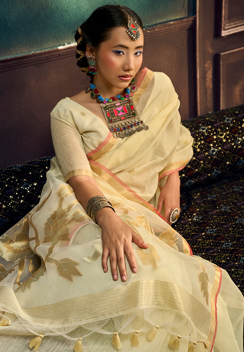 Monjolika Fashion Cream Linen Silk Blend Saree with Gold Zari Border & Floral Pallu | Grocsy