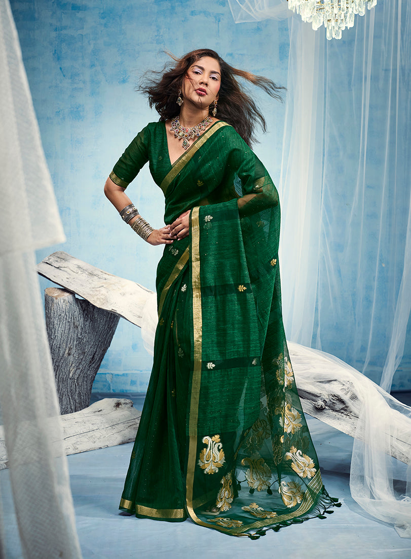 Monjolika Fashion Dark Green Linen Silk Blend Saree with Gold Zari Border & Floral Woven Pallu | Grocsy