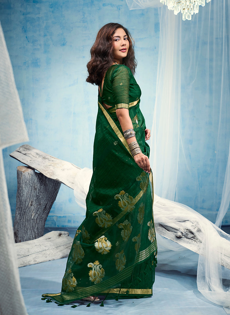 Monjolika Fashion Dark Green Linen Silk Blend Saree with Gold Zari Border & Floral Woven Pallu | Grocsy