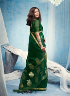 Monjolika Fashion Dark Green Linen Silk Blend Saree with Gold Zari Border & Floral Woven Pallu | Grocsy