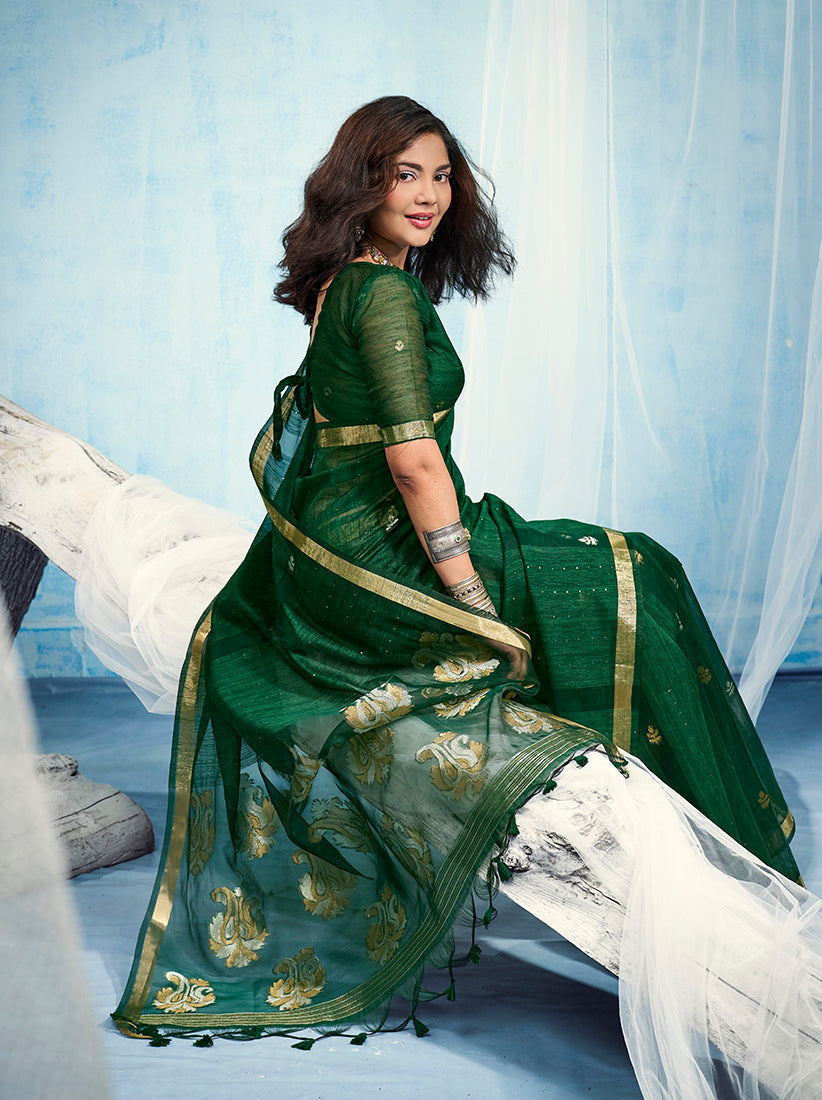 Monjolika Fashion Dark Green Linen Silk Blend Saree with Gold Zari Border & Floral Woven Pallu | Grocsy