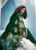 Monjolika Fashion Dark Green Linen Silk Blend Saree with Gold Zari Border & Floral Woven Pallu | Grocsy
