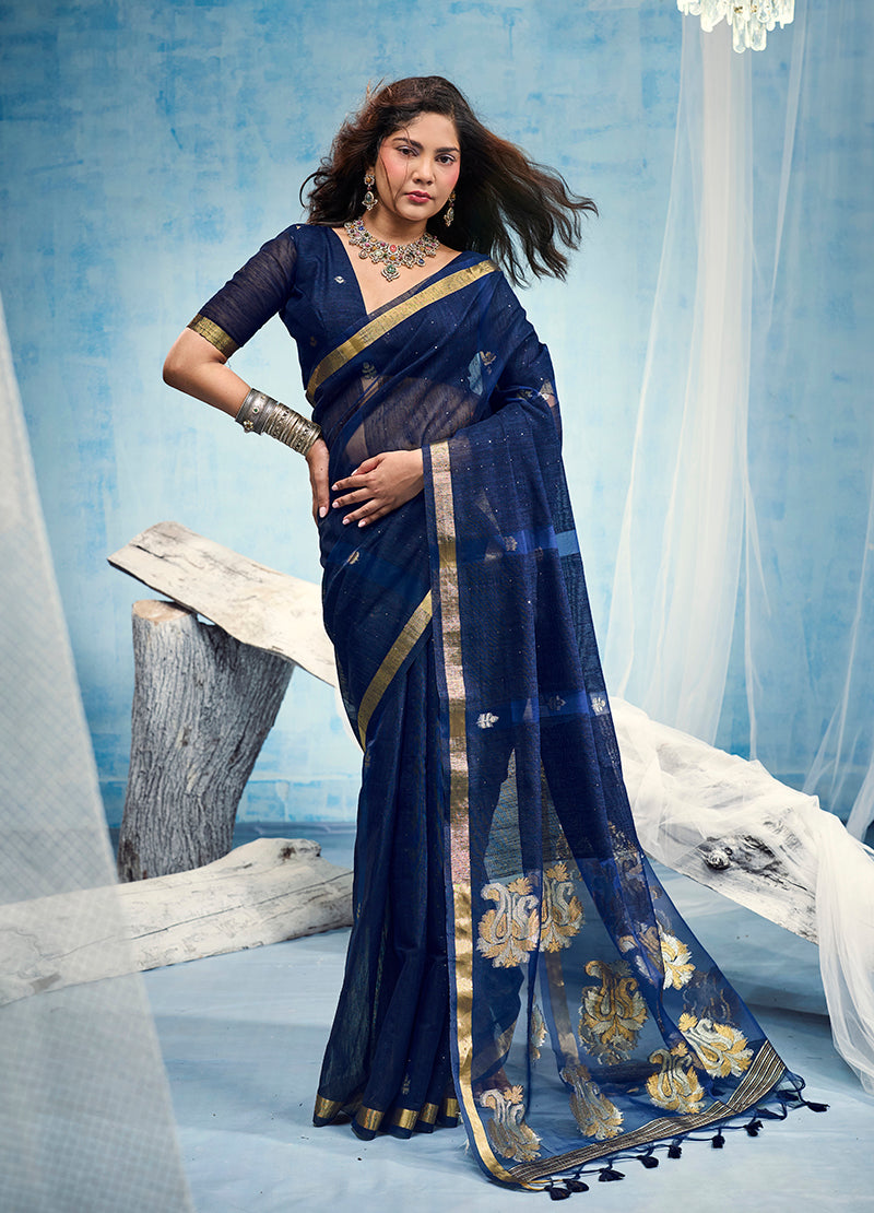 Monjolika Fashion Navy Blue Linen Silk Blend Saree with Gold Zari Border & Floral Woven Pallu | Grocsy