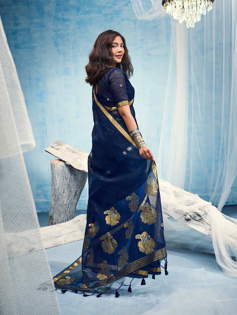 Monjolika Fashion Navy Blue Linen Silk Blend Saree with Gold Zari Border & Floral Woven Pallu | Grocsy