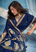 Monjolika Fashion Navy Blue Linen Silk Blend Saree with Gold Zari Border & Floral Woven Pallu | Grocsy