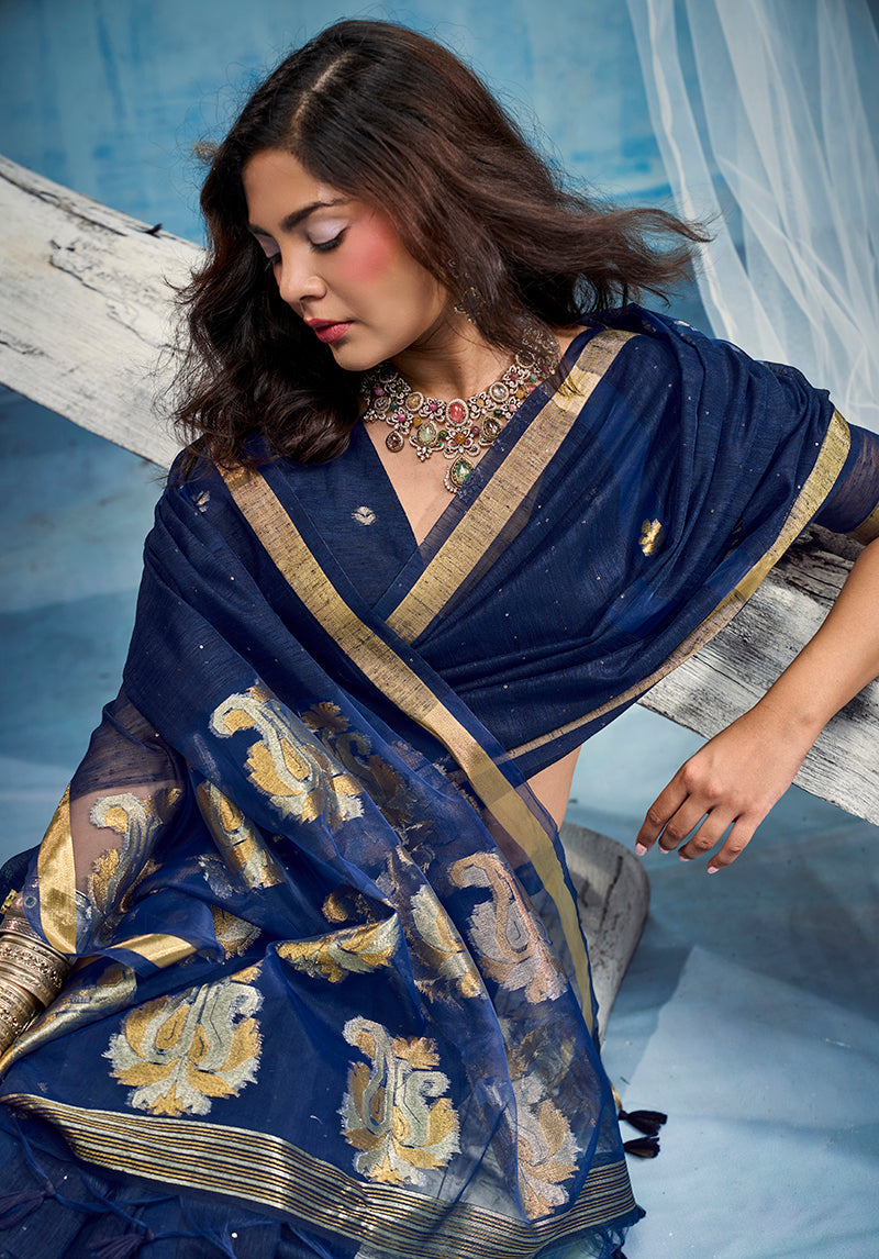 Monjolika Fashion Navy Blue Linen Silk Blend Saree with Gold Zari Border & Floral Woven Pallu | Grocsy