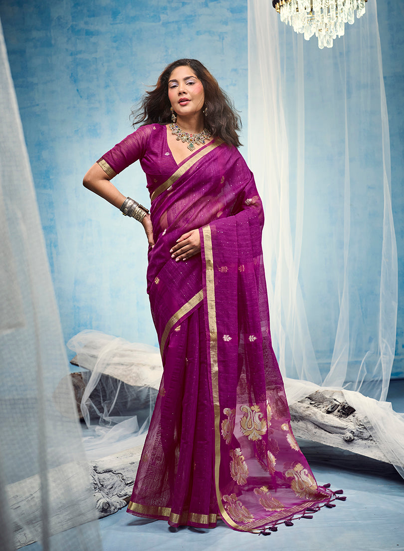 Monjolika Fashion Magenta Linen Silk Blend Saree with Gold Zari Border & Floral Woven Pallu | Grocsy