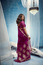 Monjolika Fashion Magenta Linen Silk Blend Saree with Gold Zari Border & Floral Woven Pallu | Grocsy
