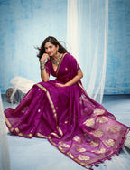 Monjolika Fashion Magenta Linen Silk Blend Saree with Gold Zari Border & Floral Woven Pallu | Grocsy