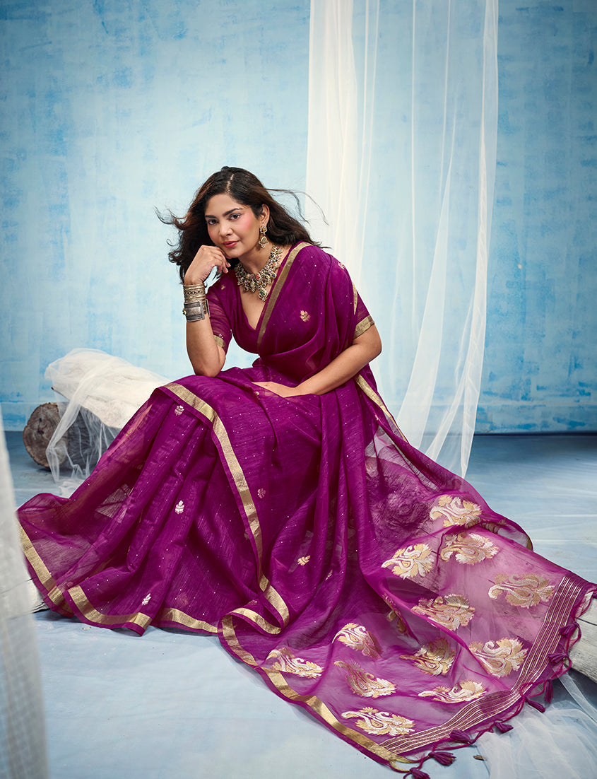 Monjolika Fashion Magenta Linen Silk Blend Saree with Gold Zari Border & Floral Woven Pallu | Grocsy
