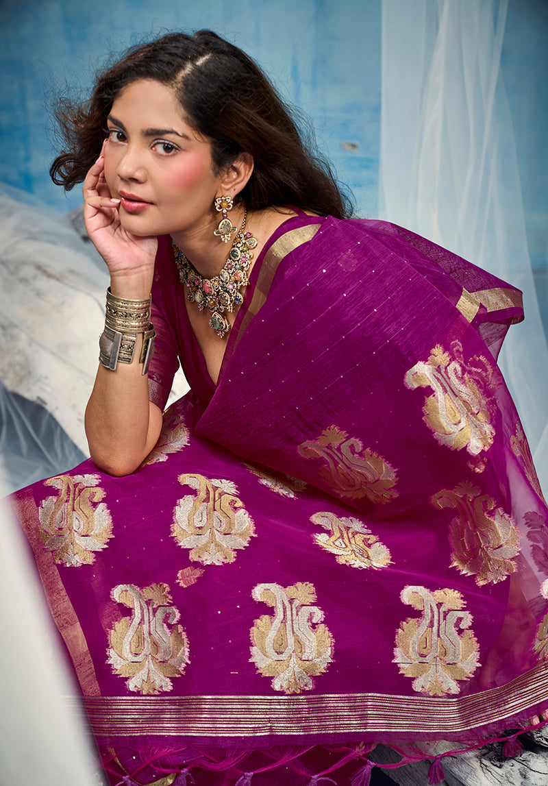Monjolika Fashion Magenta Linen Silk Blend Saree with Gold Zari Border & Floral Woven Pallu | Grocsy