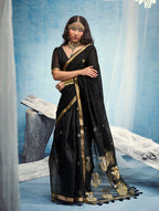 Monjolika Fashion Black Linen Silk Blend Saree with Gold Zari Border & Floral Woven Pallu | Grocsy