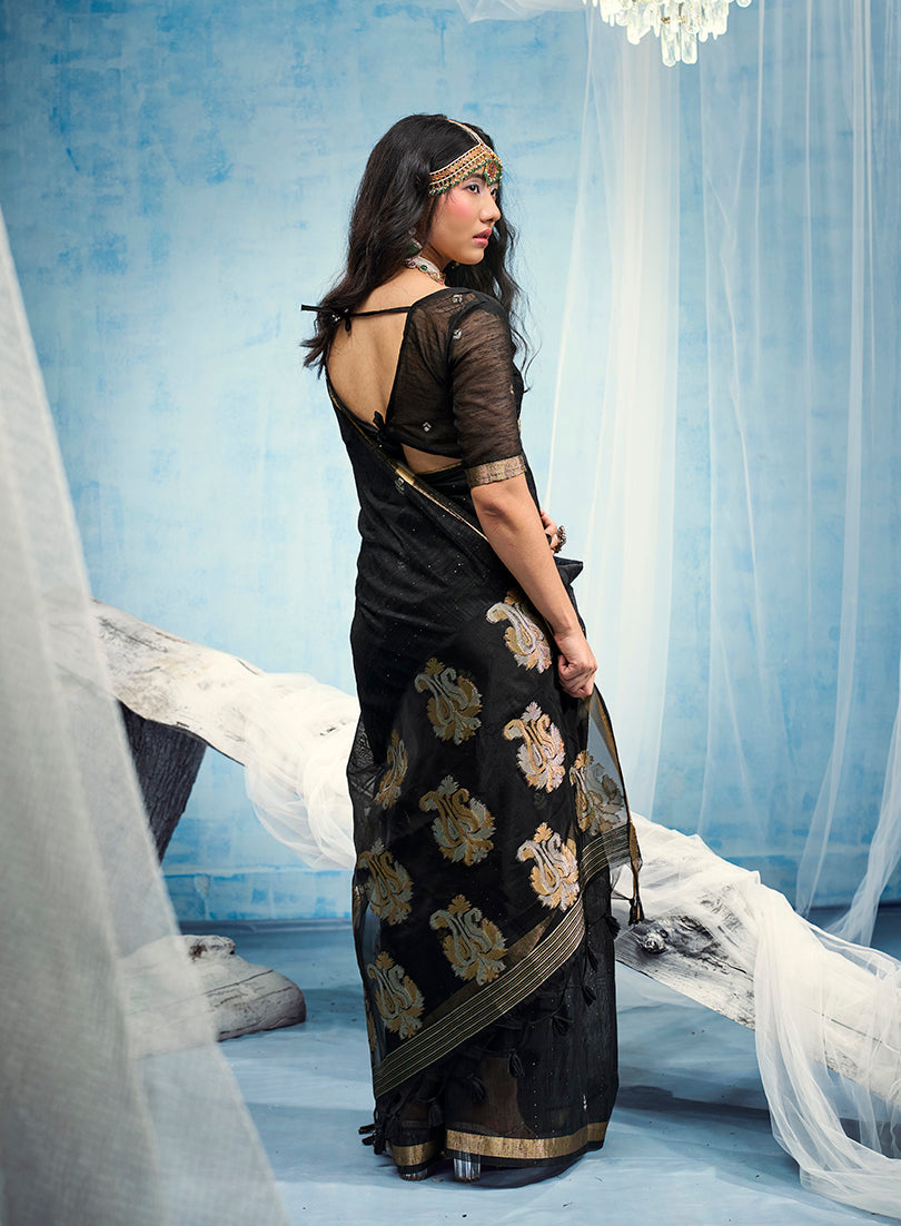 Monjolika Fashion Black Linen Silk Blend Saree with Gold Zari Border & Floral Woven Pallu | Grocsy