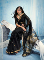 Monjolika Fashion Black Linen Silk Blend Saree with Gold Zari Border & Floral Woven Pallu | Grocsy