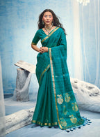 Monjolika Fashion Teal Blue Linen Silk Blend Saree with Gold Zari Border & Floral Woven Pallu | Grocsy