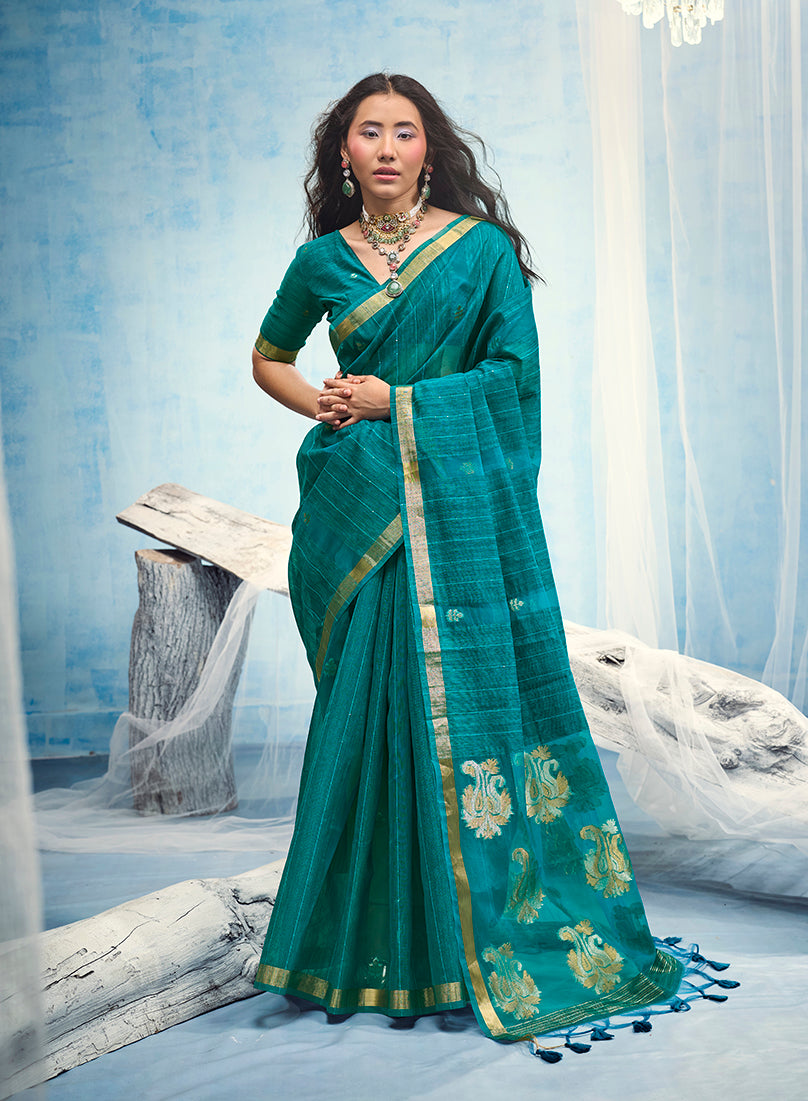 Monjolika Fashion Teal Blue Linen Silk Blend Saree with Gold Zari Border & Floral Woven Pallu | Grocsy