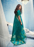 Monjolika Fashion Teal Blue Linen Silk Blend Saree with Gold Zari Border & Floral Woven Pallu | Grocsy
