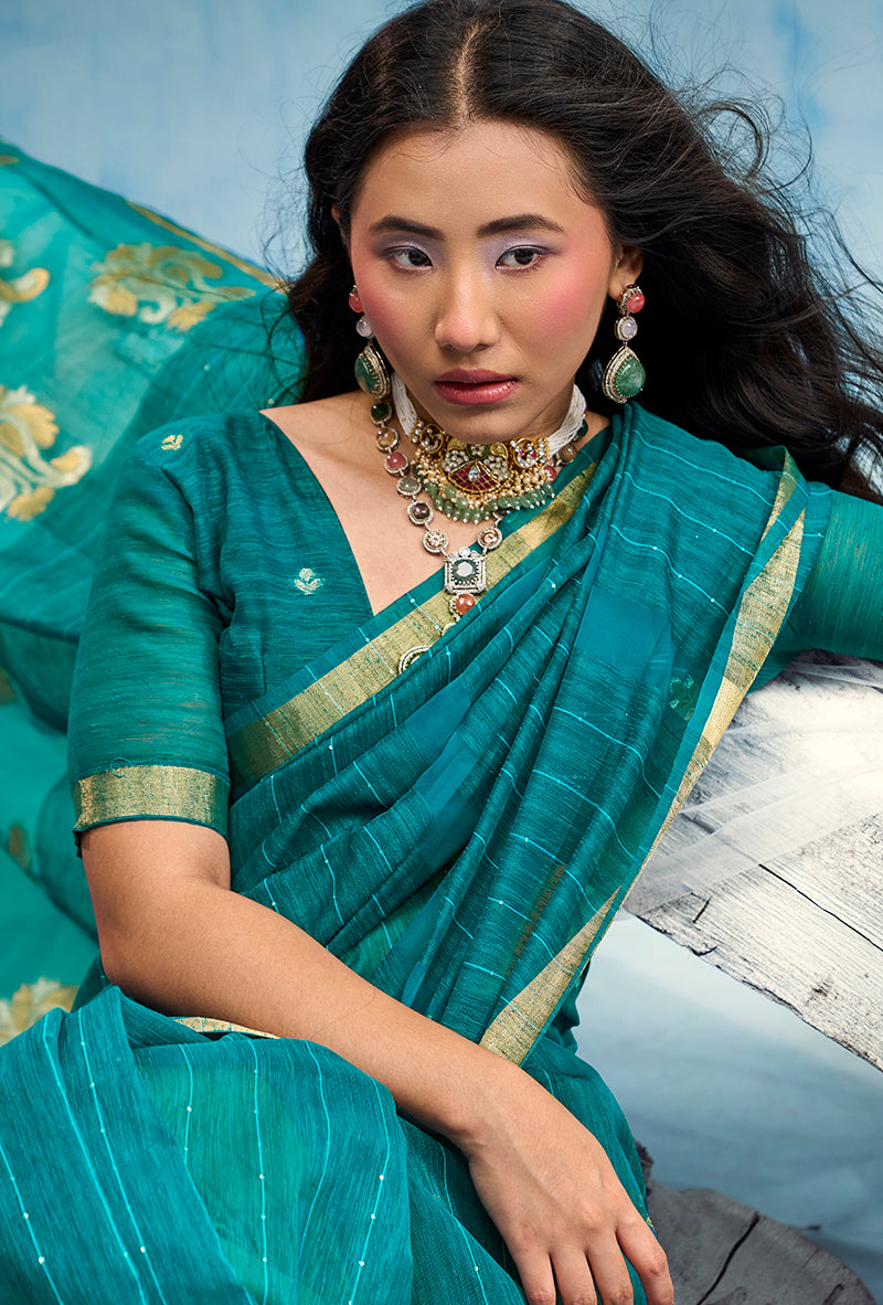 Monjolika Fashion Teal Blue Linen Silk Blend Saree with Gold Zari Border & Floral Woven Pallu | Grocsy