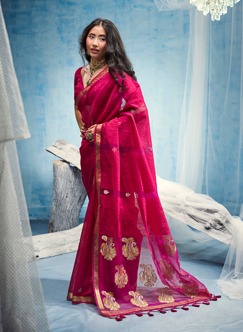 Monjolika Fashion Rani Pink Linen Silk Blend Saree with Gold Zari Border & Floral Woven Pallu | Grocsy