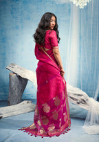 Monjolika Fashion Rani Pink Linen Silk Blend Saree with Gold Zari Border & Floral Woven Pallu | Grocsy