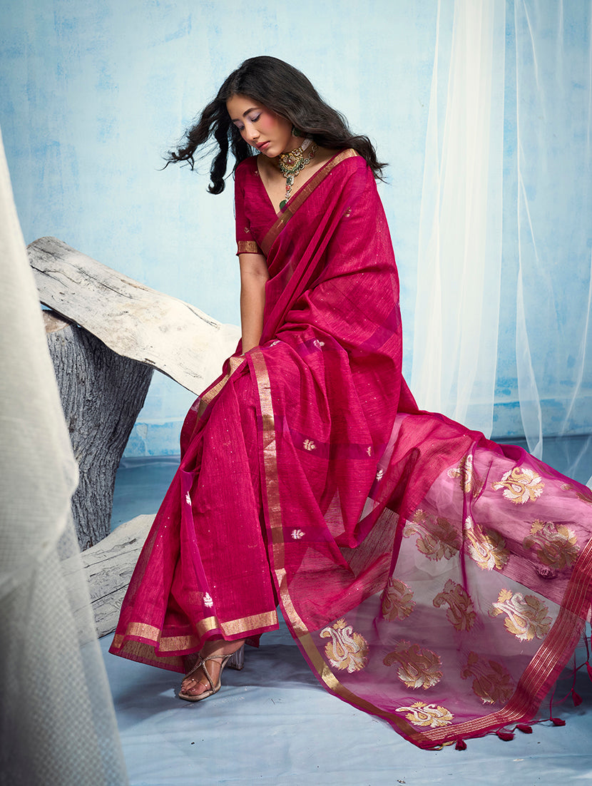 Monjolika Fashion Rani Pink Linen Silk Blend Saree with Gold Zari Border & Floral Woven Pallu | Grocsy