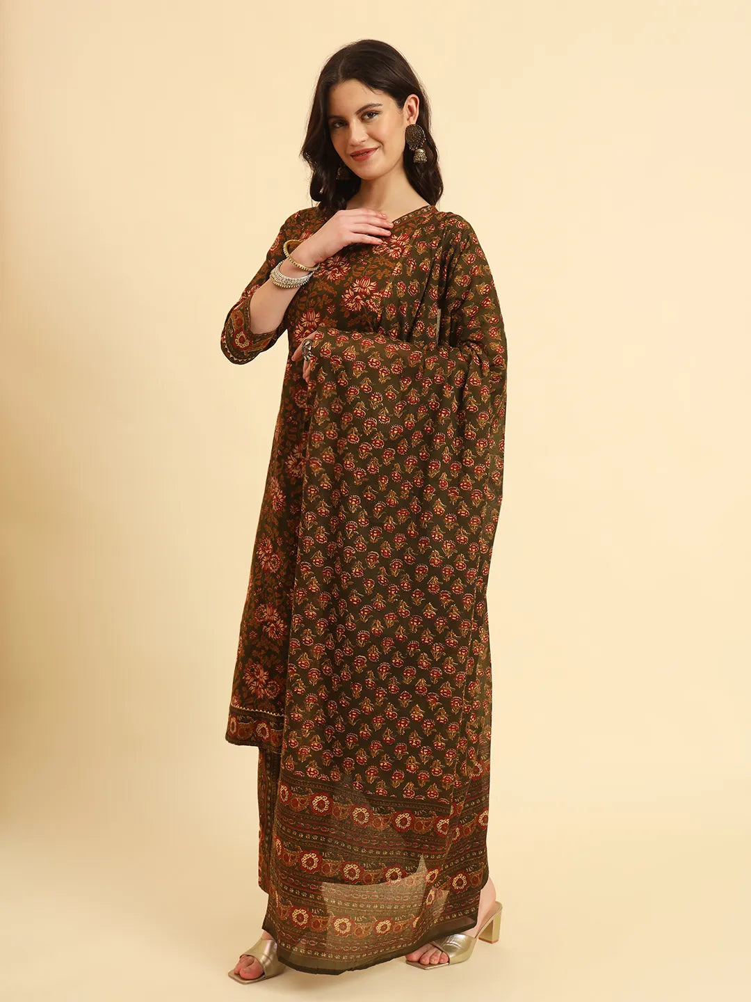 Yufta Green Pure Cotton Floral Sequins Work Kurta Set With Dupatta | Grocsy