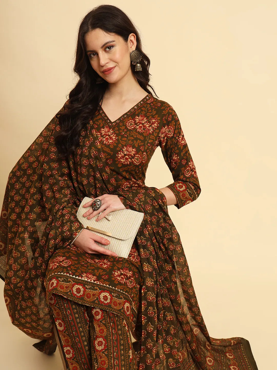 Yufta Green Pure Cotton Floral Sequins Work Kurta Set With Dupatta | Grocsy