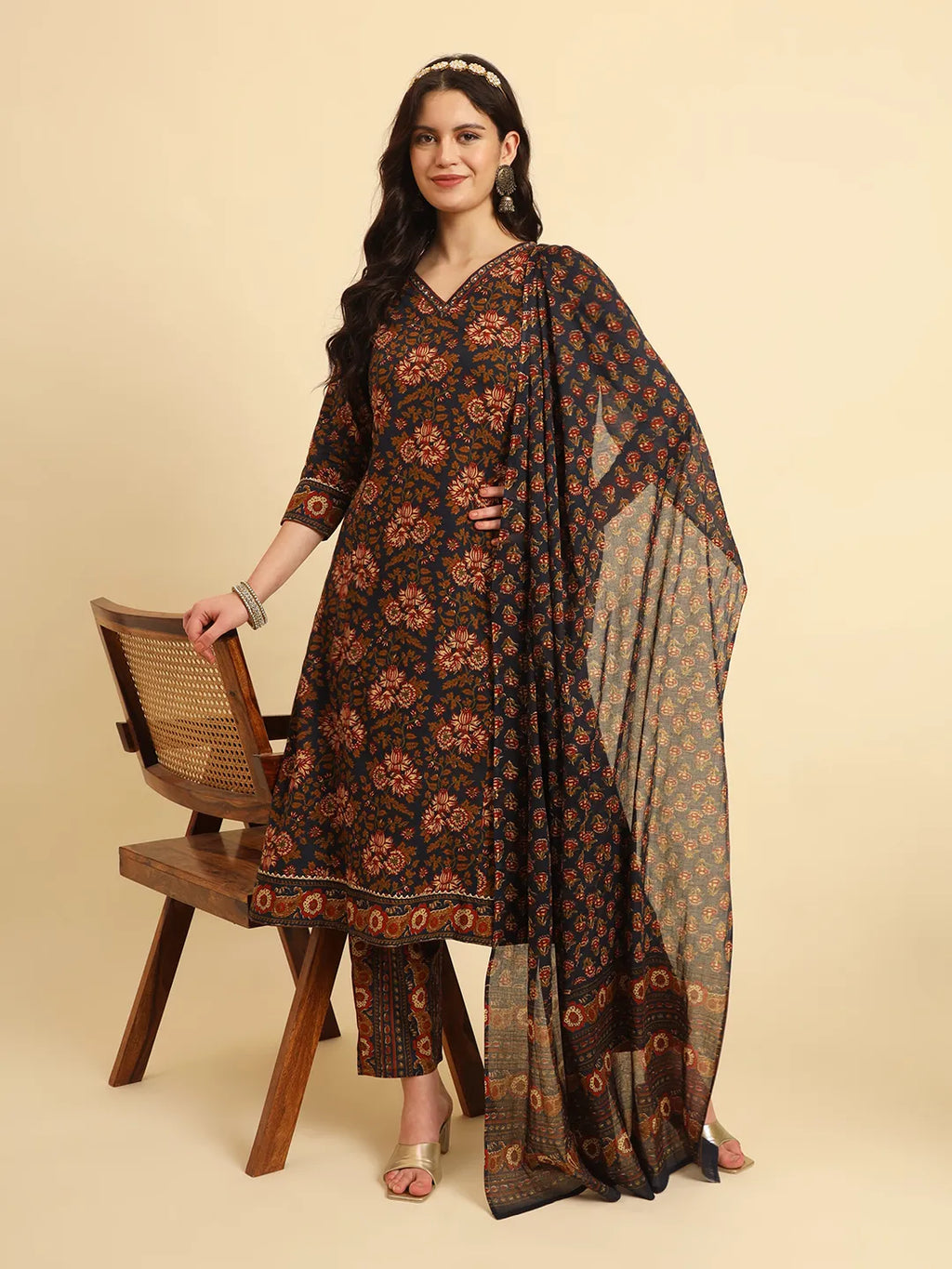 Yufta Navy Blue Pure Cotton Floral Sequins Worky Kurta Set With Dupatta | Grocsy