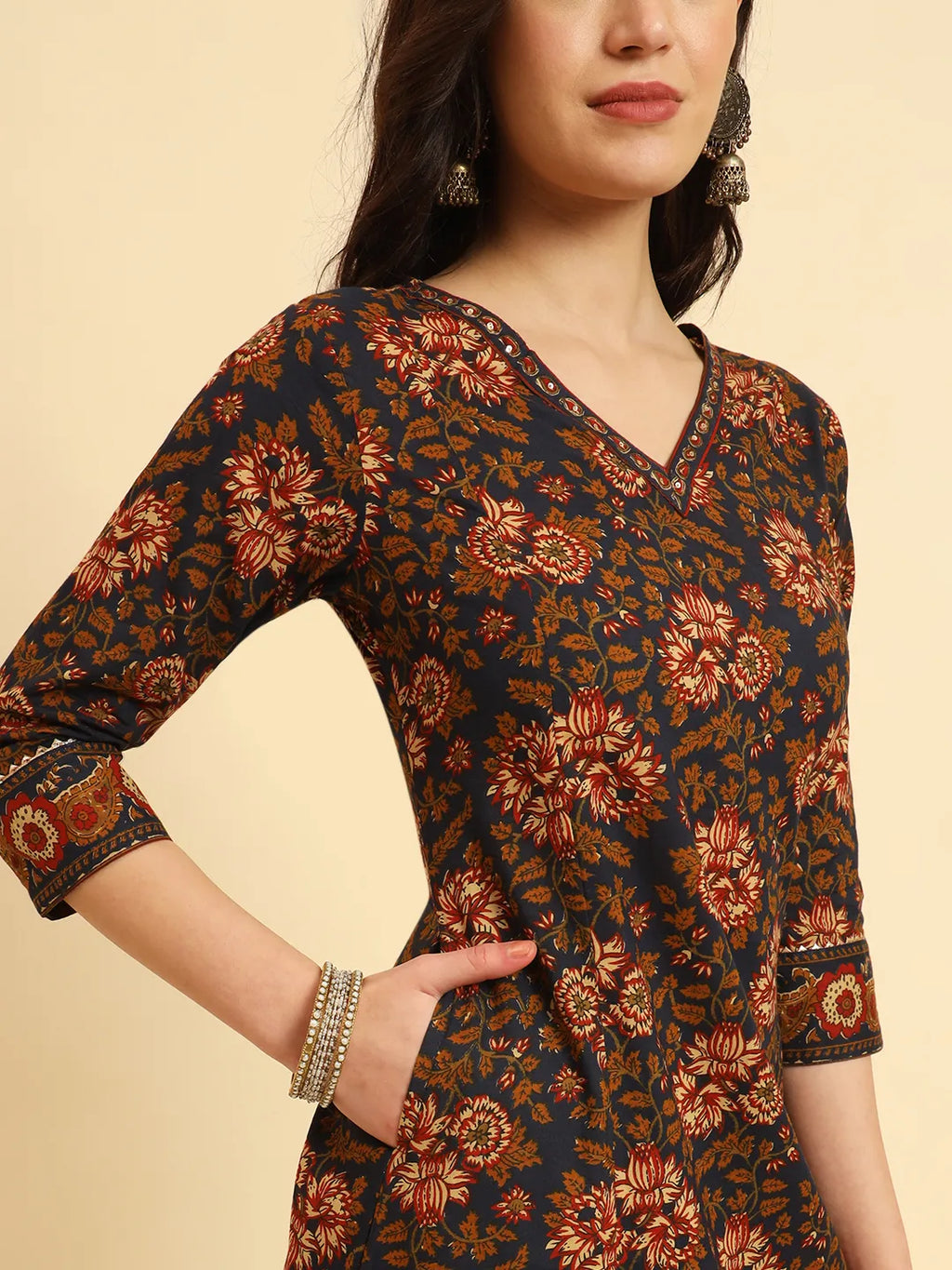 Yufta Navy Blue Pure Cotton Floral Sequins Worky Kurta Set With Dupatta | Grocsy