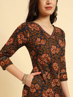 Yufta Navy Blue Pure Cotton Floral Sequins Worky Kurta Set With Dupatta | Grocsy