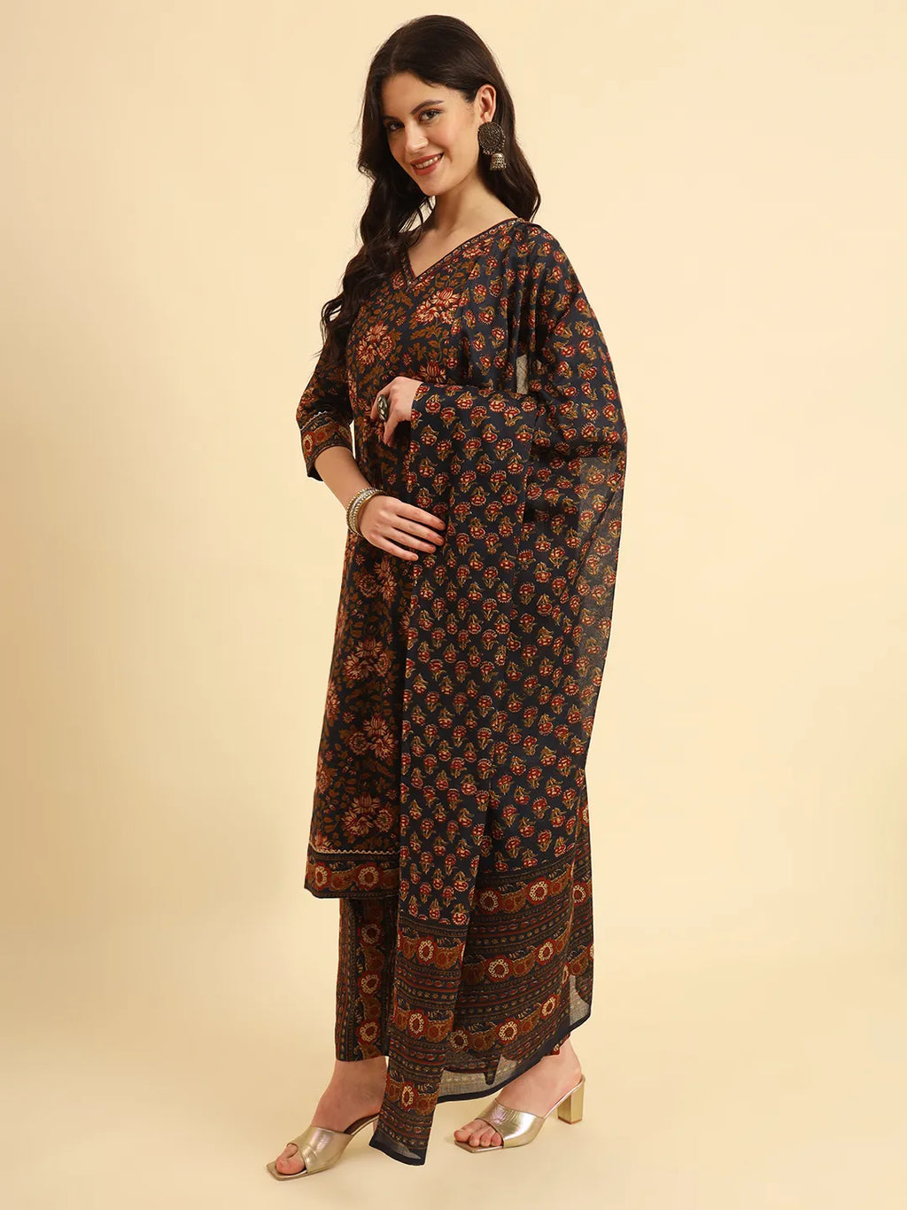 Yufta Navy Blue Pure Cotton Floral Sequins Worky Kurta Set With Dupatta | Grocsy