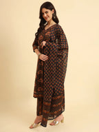 Yufta Navy Blue Pure Cotton Floral Sequins Worky Kurta Set With Dupatta | Grocsy