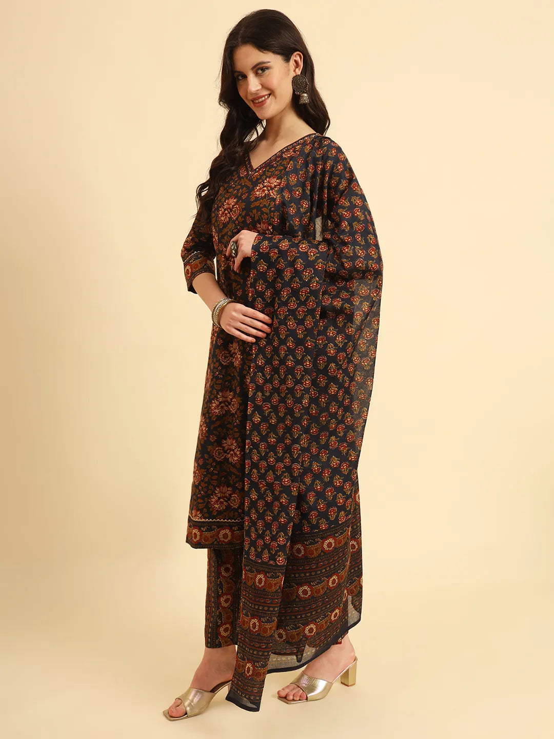 Yufta Navy Blue Pure Cotton Floral Sequins Worky Kurta Set With Dupatta | Grocsy