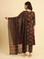 Yufta Navy Blue Pure Cotton Floral Sequins Worky Kurta Set With Dupatta | Grocsy