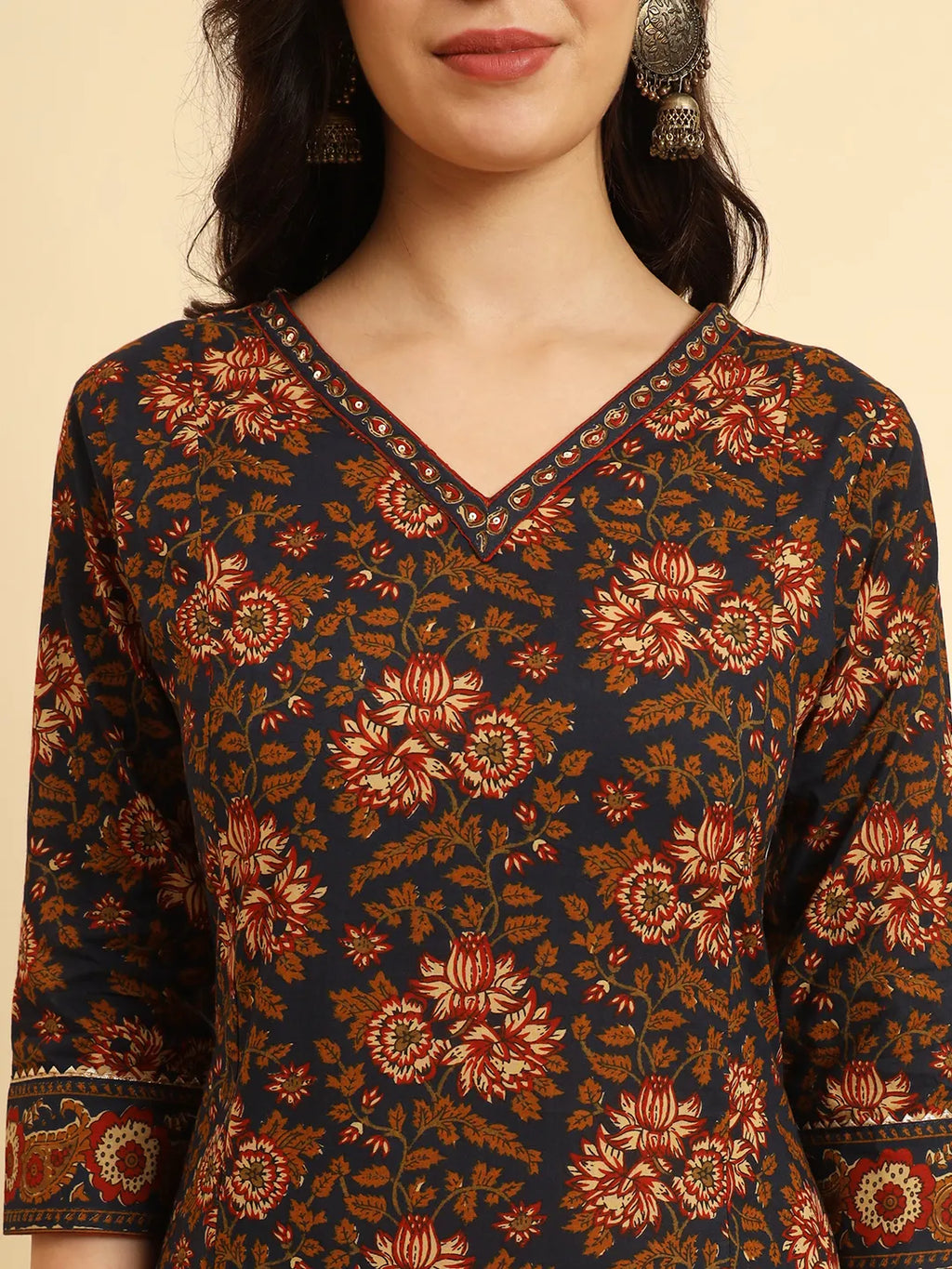 Yufta Navy Blue Pure Cotton Floral Sequins Worky Kurta Set With Dupatta | Grocsy