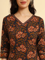 Yufta Navy Blue Pure Cotton Floral Sequins Worky Kurta Set With Dupatta | Grocsy