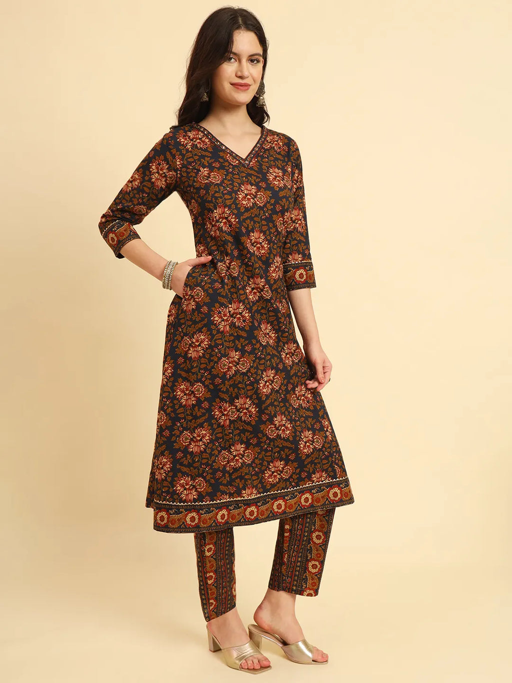 Yufta Navy Blue Pure Cotton Floral Sequins Worky Kurta Set With Dupatta | Grocsy