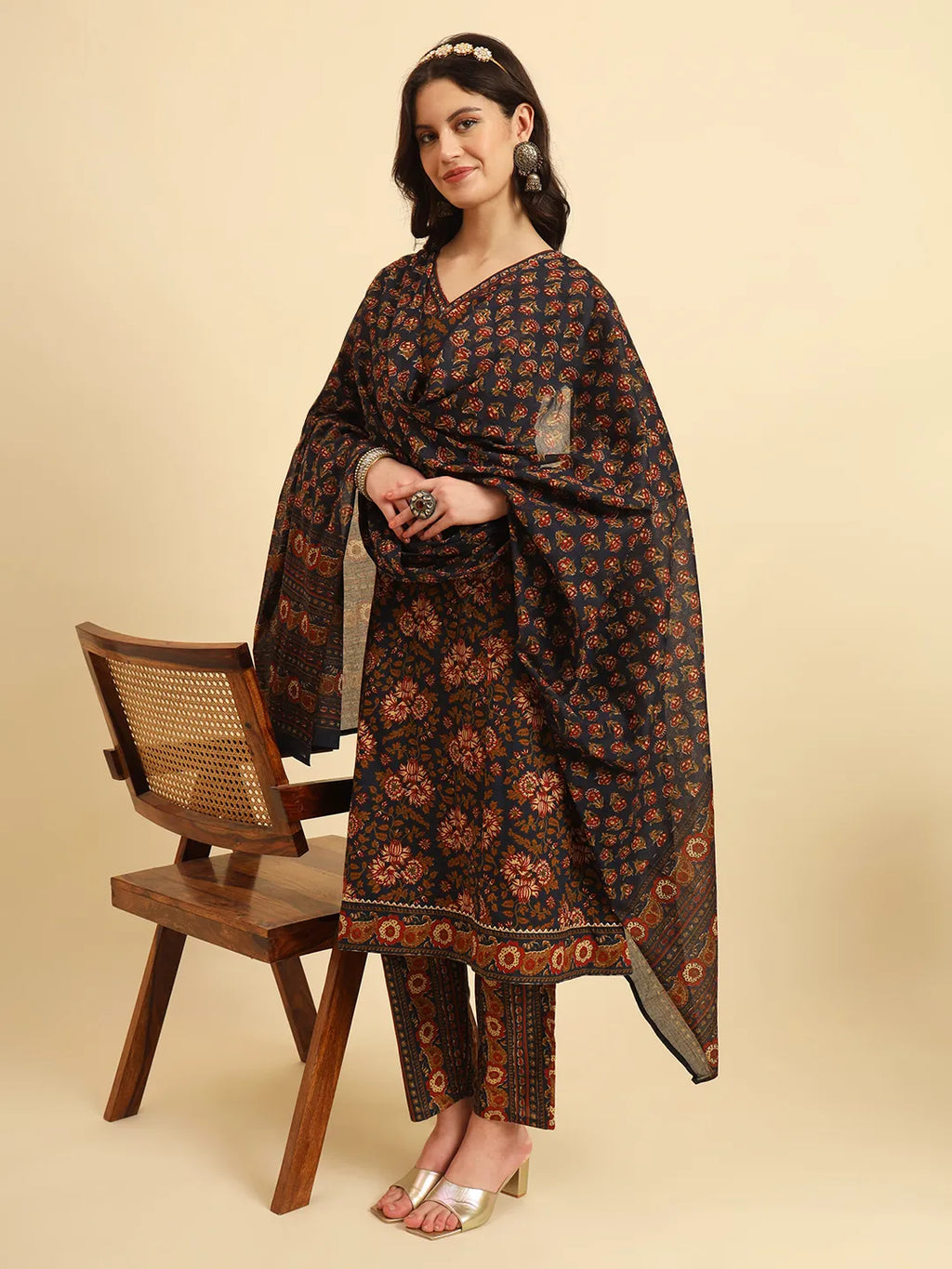 Yufta Navy Blue Pure Cotton Floral Sequins Worky Kurta Set With Dupatta | Grocsy