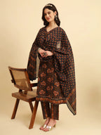 Yufta Navy Blue Pure Cotton Floral Sequins Worky Kurta Set With Dupatta | Grocsy