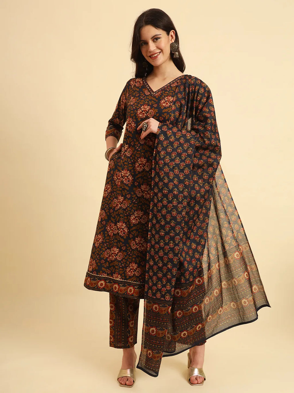 Yufta Navy Blue Pure Cotton Floral Sequins Worky Kurta Set With Dupatta | Grocsy