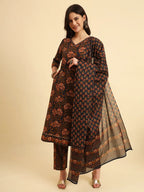 Yufta Navy Blue Pure Cotton Floral Sequins Worky Kurta Set With Dupatta | Grocsy