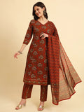 Yufta Red Pure Cotton Floral Sequins Work Kurta Set With Dupatta | Grocsy