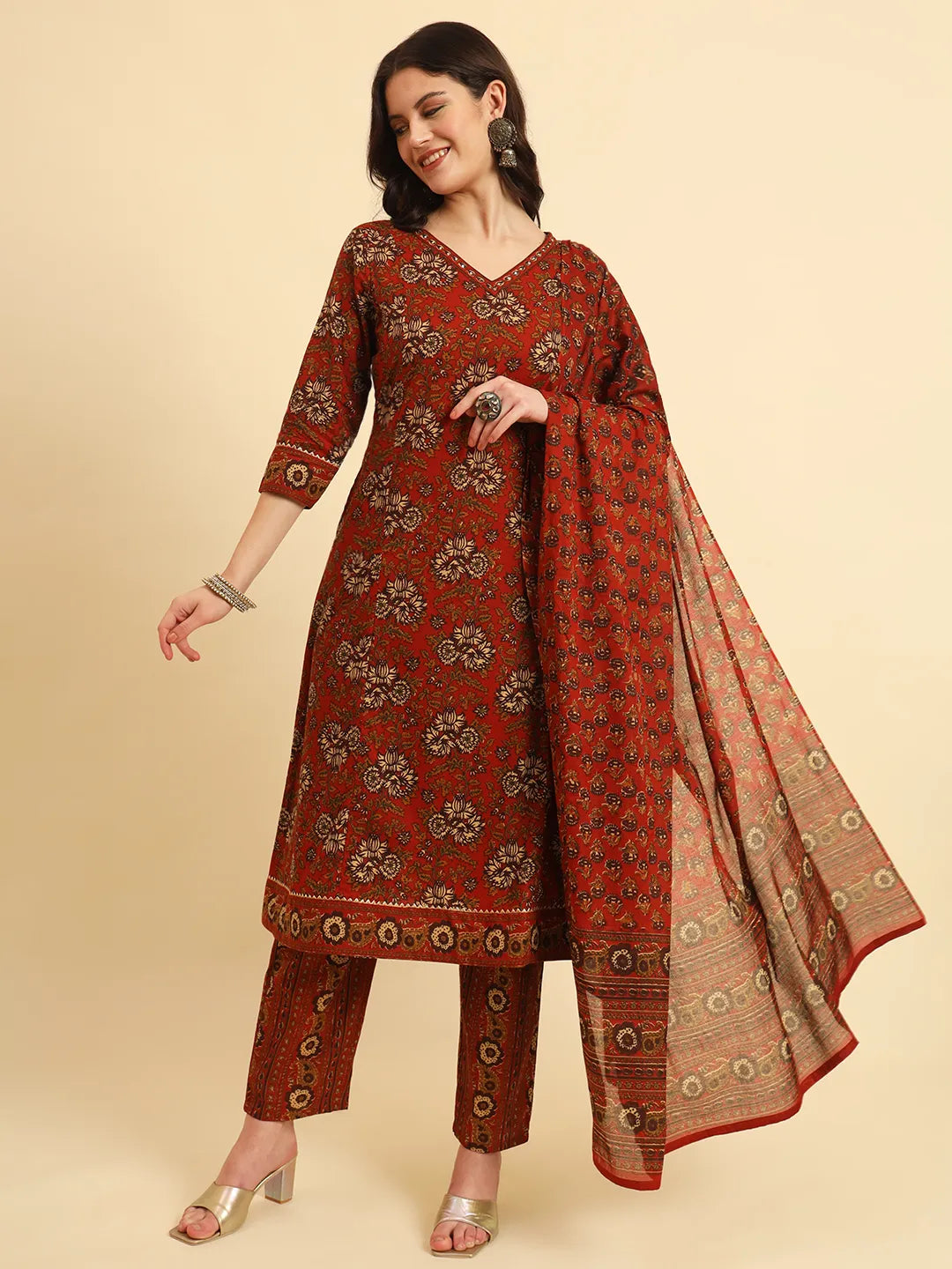 Yufta Red Pure Cotton Floral Sequins Work Kurta Set With Dupatta | Grocsy