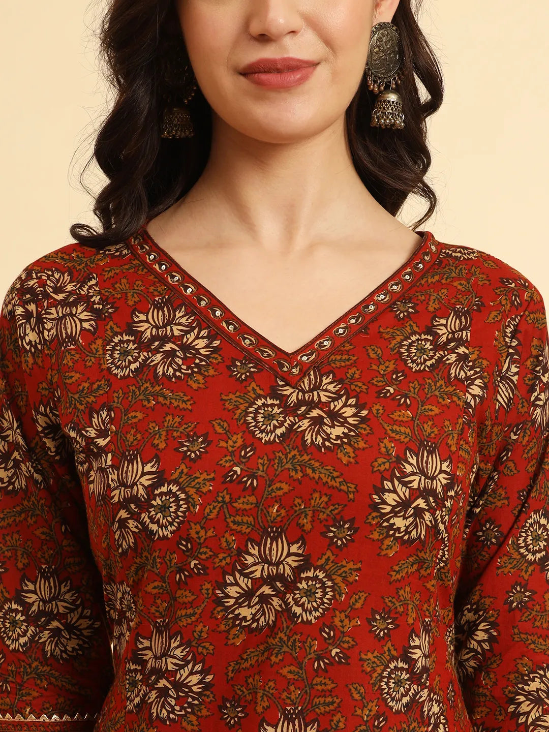 Yufta Red Pure Cotton Floral Sequins Work Kurta Set With Dupatta | Grocsy