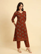 Yufta Red Pure Cotton Floral Sequins Work Kurta Set With Dupatta | Grocsy