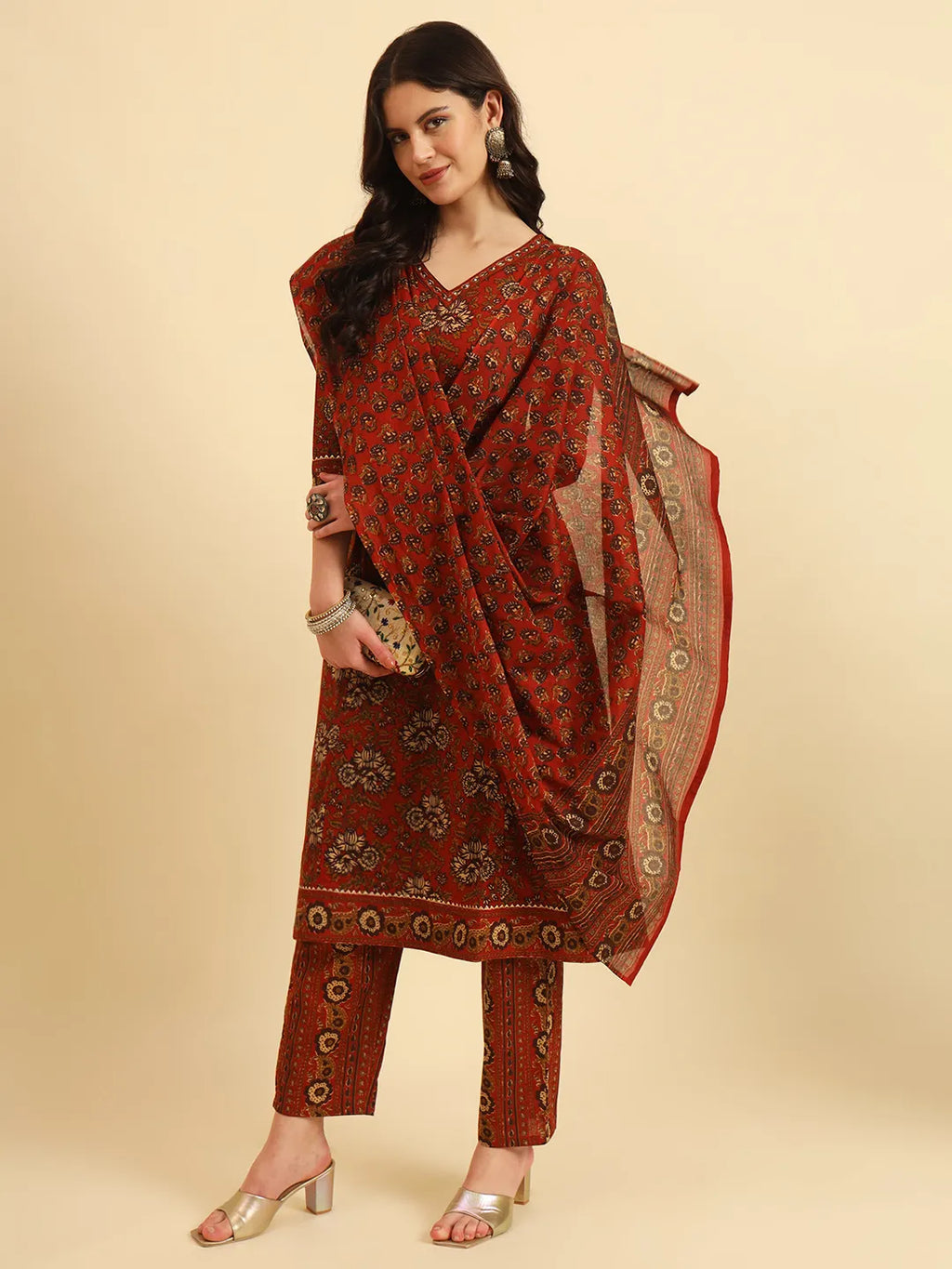 Yufta Red Pure Cotton Floral Sequins Work Kurta Set With Dupatta | Grocsy