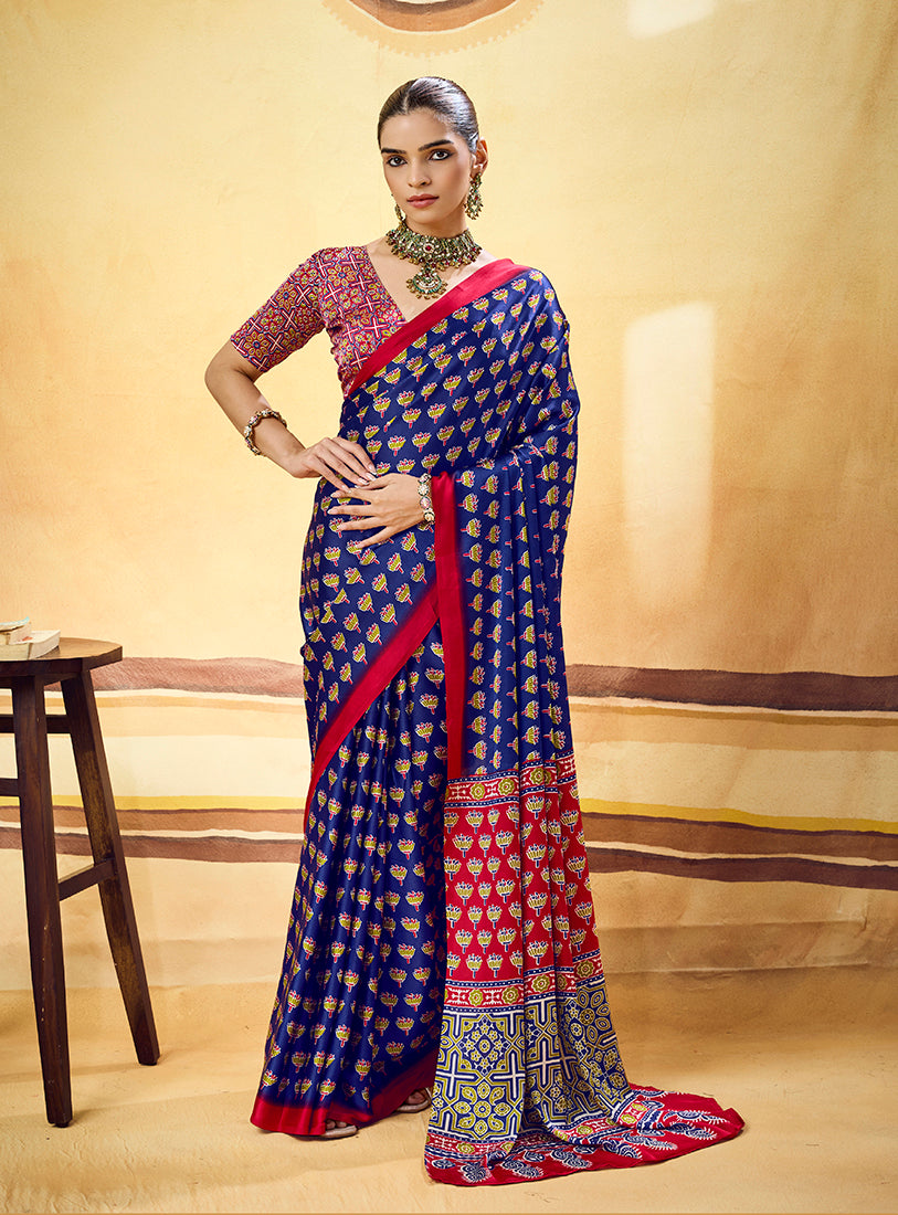 Monjolika Fashion Navy Blue Satin Printed Saree With Orange Border And Unstiched Blouse | Grocsy